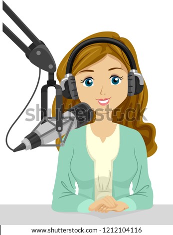 Illustration of a Teenage Girl Wearing Headphones and Speaking on a Microphone for Broadcasting or Podcasting