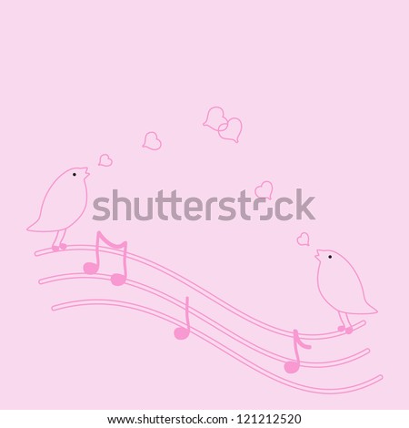 St Valentine's Day greeting card with two singing birds, notes and hearts