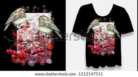Stylish, designer print on t-shirt. Abstract, floral arrangement with graphic elements and grunge. Creative, original, watercolor illustration. Fashionable youth clothing. Print, cover.