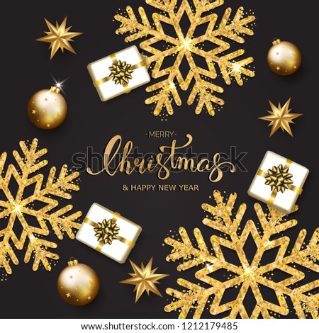 Merry Christmas card with hand lettering, golden stars, gifts, snowflakes on black background. Happy New Year design. Vector illustration