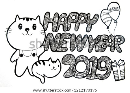 Happy new year 2019 hand draw doodles cats with clipping path