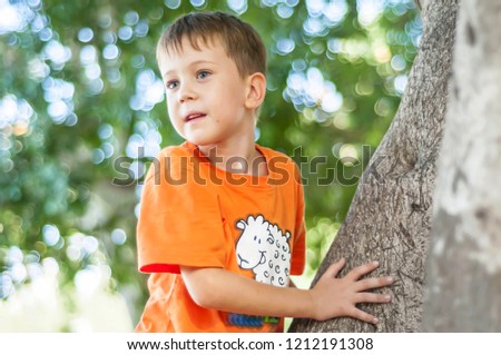 Cute Caucasian blue eye child in an orange T-shirt climbing the tree in a park or forest. Blurred background. Overcoming fear concept.