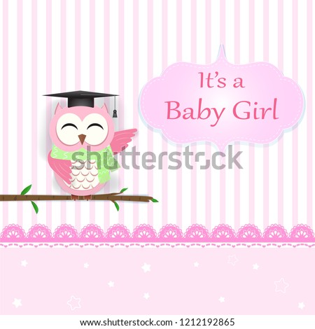 Baby girl shower card with Owl on pink. Greeting card paper art, paper craft style illustration