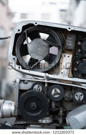 Close-up inside old style movie projector