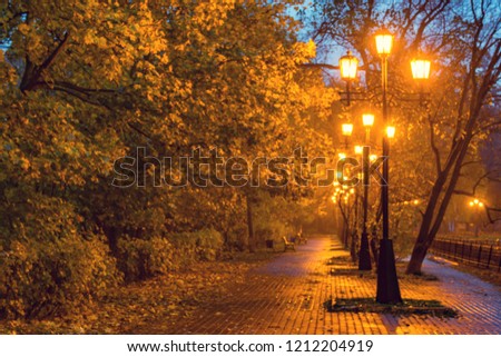 Blurred image of the old wet autumn city park.
