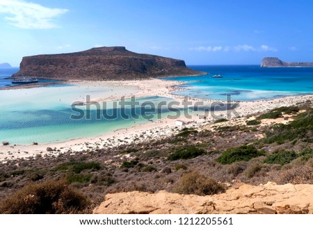 Greece, Balos, Crete Island - an exotic beach-estuary, formed by Gramvousy peninsula and Cape Tigani, a unique place in the west of Crete, where there are three seas - the Cretan, Libyan and Ionian.  Royalty-Free Stock Photo #1212205561