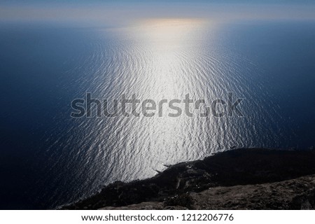 Early sunset at Black Sea view from top of Crimean mountains, Russia
