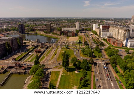 Netherlands, Rotterdam, the cityscape and skyline of Rotterdam with Erasmus bridge panorama
