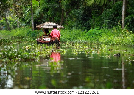 Palm tree tropical forest in backwater of Kochin, Kerala, India Royalty-Free Stock Photo #121225261