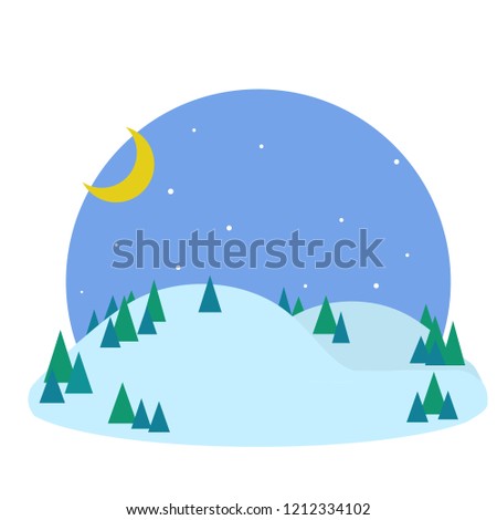Winter natural night landscape. Snow drifts and green forest. Moon and snowflakes.
