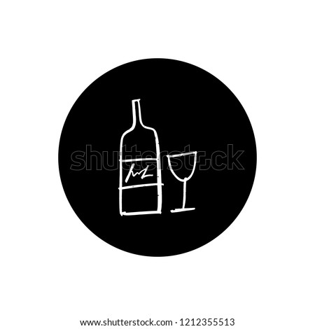 Vector botlle and wine glass alcohol line art, doodle minimalistic picture, poster, postcard. Premium lifestyle logo