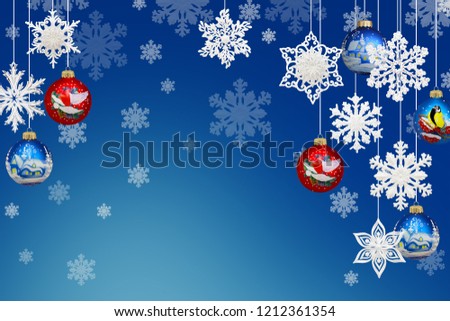 Christmas and New Year decorations: snowflakes and christmas balls on blue background.