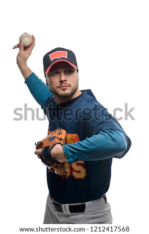 Man throwing a knuckleball. Skilled pitcher player in a uniform. Baseball game, studio portrait on white.