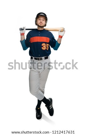 Hitter posing with a bat. Professional baseball player dressed in gear and looking into the camera, isolated on white.