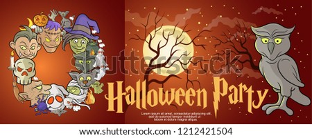 Halloween celebration backdrop or party invitation,with full moon and trees silhouette background,Halloween character cartoon style illustration