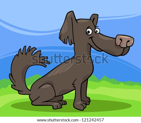 Cartoon Illustration of Funny Little Shaggy Dog against Blue Sky and Green Grass