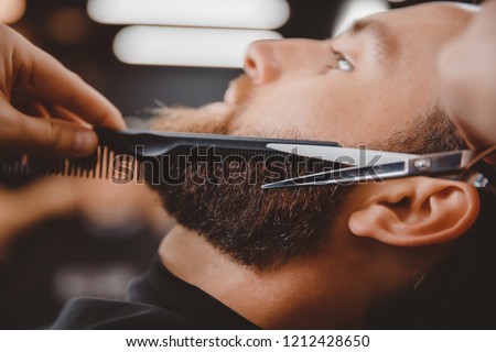Close-up of barber shearing beard to man in barbershop Royalty-Free Stock Photo #1212428650