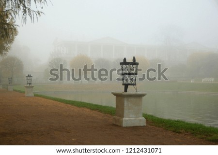 Foggy autumn morning, Zerkalny Pond and Cameron Gallery in the Catherine Park in Tsarskoye Selo
