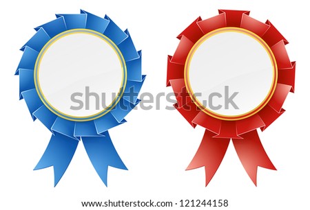 Red and blue rosette medal award design elements with ribbons and blank copyspace in the center