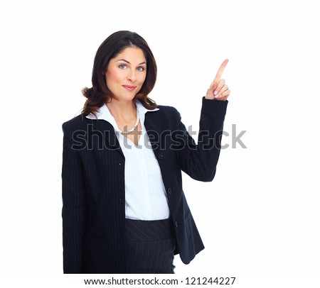 Business woman presenting a copyspace. Isolated on white background.