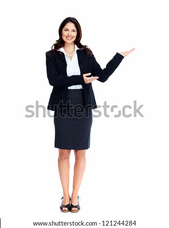 Business woman presenting a copyspace. Isolated on white background.