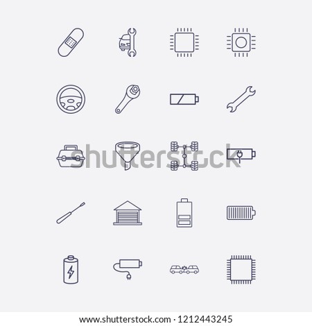 Outline 20 repair icon set. wrench, filter, screwdriver, tool box, car crash and battery vector illustration