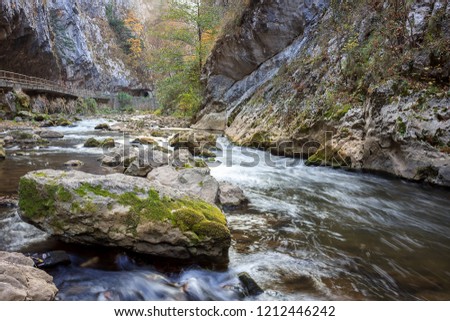 Unique view of beautiful, narrow canyon of Jerma river during autumn