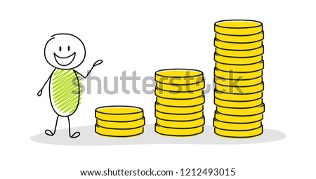 Funny hand drawn businessman showing money graph. Vector.