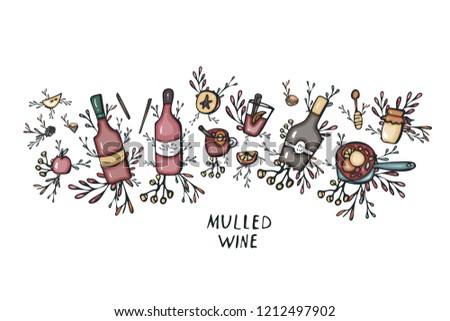 Vector set of mulled wine elements and objects. Composition in doodle style and lettering.