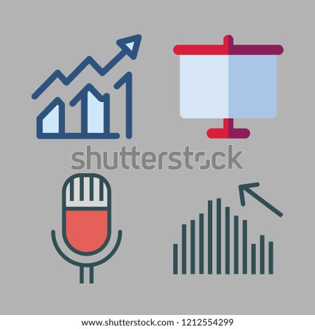 presentation icon set. vector set about white board, bar chart, microphone and profits icons set.