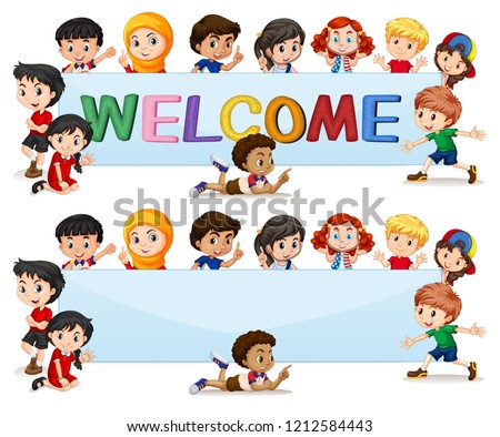 International kids on welcome banner illustration