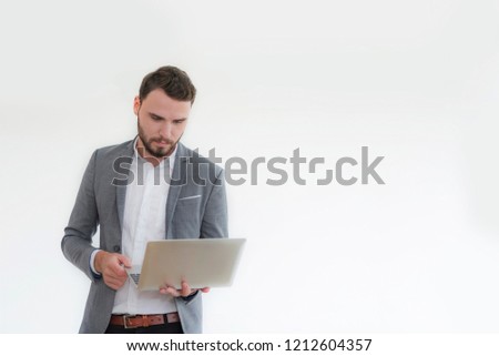 Business men thinking the way how to successful in his goal with lab top on white background