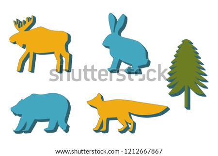 Colouring silhouettes with shadows forest animals - moose, rabbit, bear and fox. Fir tree. Isolated set.