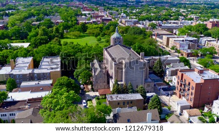 Aerial shot of the Lincoln Square neighborhood in Chicago Illinois. Taken during early summer.