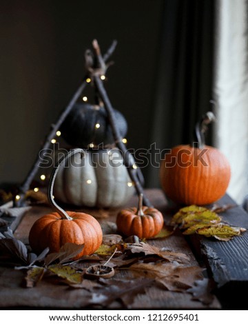 Pumpkins on the wood table black background lights fall decoration