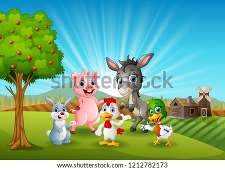 Happy animals on farm background