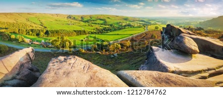 Panorama of Landscape view of Ramshaw Rocks in Peak District National Park in Uk.  Royalty-Free Stock Photo #1212784762