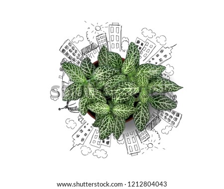 Environmentally friendly planet.Symbolic earth globe  , made of green grass and branches with hand drawn cartoon cityscape sketch, houses with solar panels.Green energy electricity concept.
