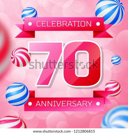 Realistic Seventy Years Anniversary Celebration design banner. Gold numbers and blue ribbons, balloons on blue background. Colorful Vector template elements for your birthday party