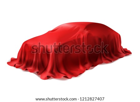 Vector realistic car covered with red silk isolated on white background. Presentation of new car in dealership, auto surprise under scarlet cloth.