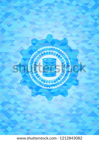 barrel icon inside realistic sky blue emblem. Mosaic background