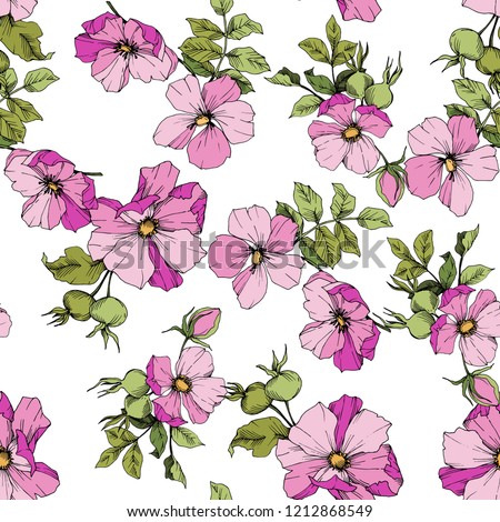 Wildflower rosa canina in a vector style isolated. Green and pink engraved ink art. Seamless background pattern. Fabric wallpaper print texture. Vector flower for background, wrapper pattern. Royalty-Free Stock Photo #1212868549