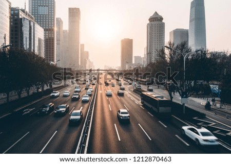 Busy urban traffic on the urban expressways of Beijing, China.