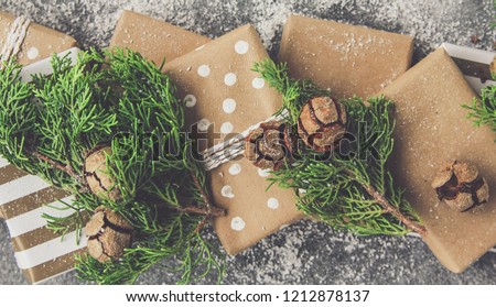 Christmas, cones, snow, box, gift, wooden background, top view, flat lay