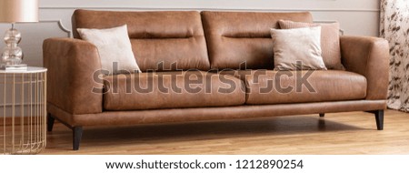 Panoramic view of big comfortable leather sofa with pillows, real photo
