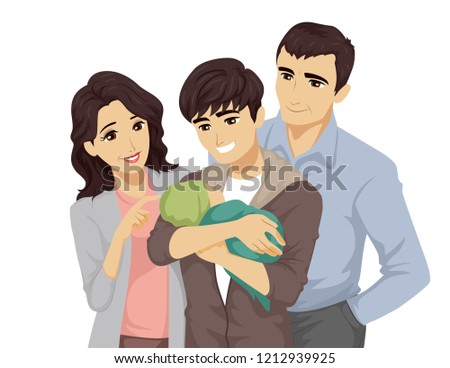 Illustration of a Teenage Guy Holding His Baby with His Parents Near Him