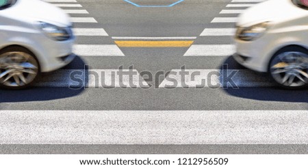 Black and white pedestrian crossing with white car on background - concept image with copy space
