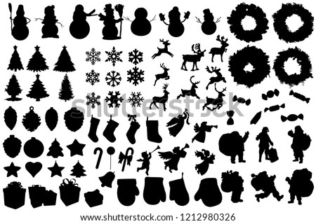 Set of winter and christmas silhouettes. Christmas collection. Clip art for banner, flyer, business, card, poster. Vector. 