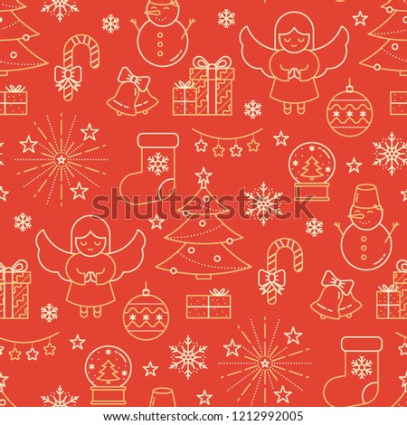 Vector seamless holiday pattern with christmas symbols in line style - presents, sock, angel, christmas tree, firework. Festive print