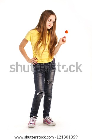  girl with candy on white background